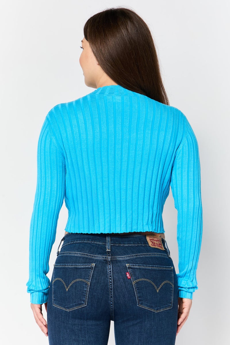 MONKI Women Mock Neck Long Sleeve Ribbed Top, Turquoise - Image 4